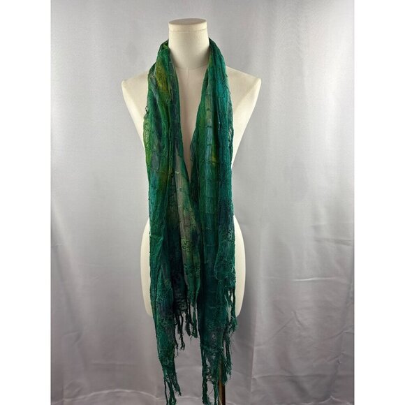 Women’s Green, Blue, & Teal Tasseled Knit & Mesh Scarf - Picture 1 of 6